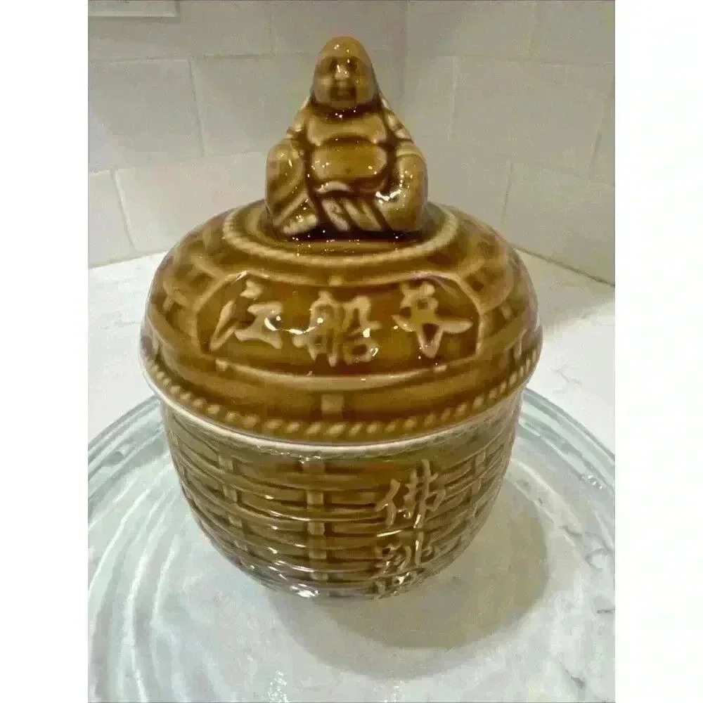 Ceramic Buddha on Lid Brown Woven Basket Design Asian Characters Bowl